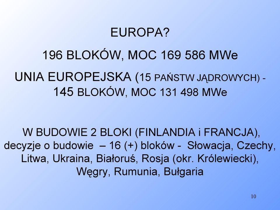 145 BLOKÓW, MOC 131 498 MWe W BUDOWIE 2 BLOKI (FINLANDIA i FRANCJA),