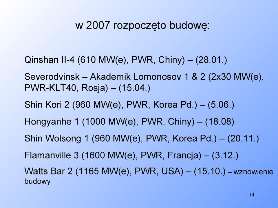 ) Shin Kori 2 (960 MW(e), PWR, Korea Pd.) (5.06.) Hongyanhe 1 (1000 MW(e), PWR, Chiny) (18.