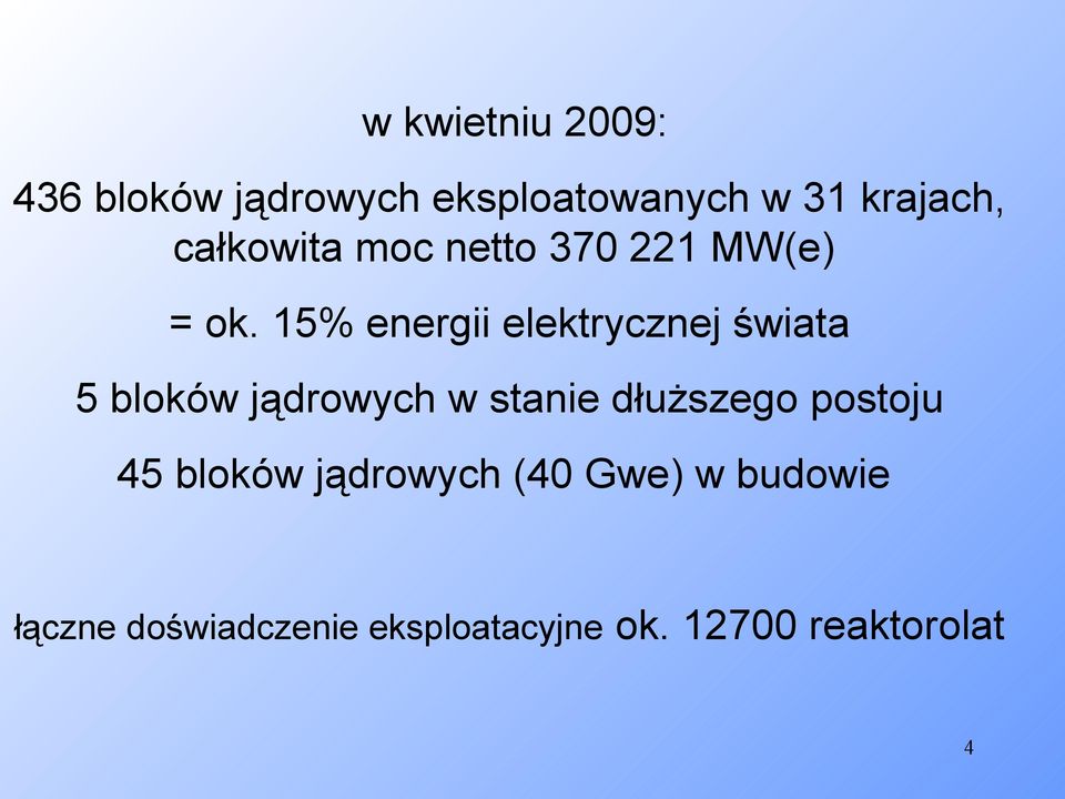 15% energii elektrycznej świata 5 bloków jądrowych w stanie dłuższego