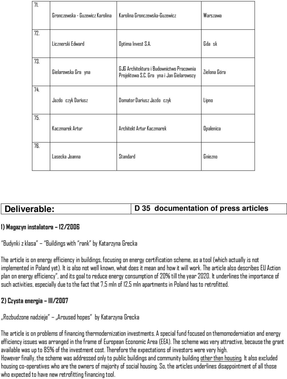 Lasecka Joanna Standard Gniezno Deliverable: D 35 documentation of press articles 1) Magazyn instalatora 12/2006 Budynki z klasa Buildings with rank by Katarzyna Grecka The article is on energy