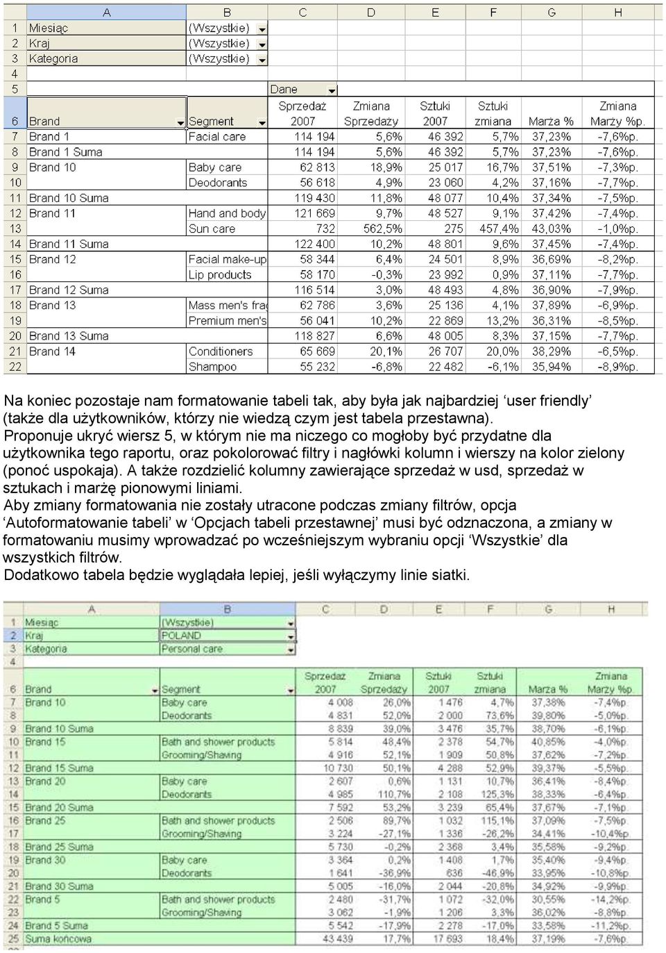A także rozdzielić kolumny zawierające sprzedaż w usd, sprzedaż w sztukach i marżę pionowymi liniami.