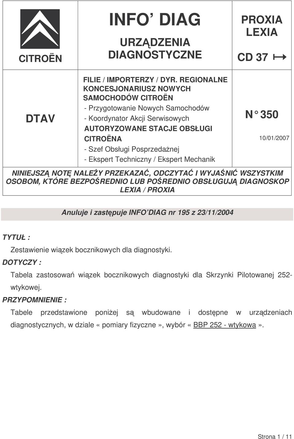 Techniczny / Ekspert Mechanik PROXIA LEXIA CD 37 N 350 10/01/2007 NINIEJSZ NOT NALEY PRZEKAZA, ODCZYTA I WYJANI WSZYSTKIM OSOBOM, KTÓRE BEZPOREDNIO LUB POREDNIO OBSŁUGUJ DIAGNOSKOP LEXIA / PROXIA