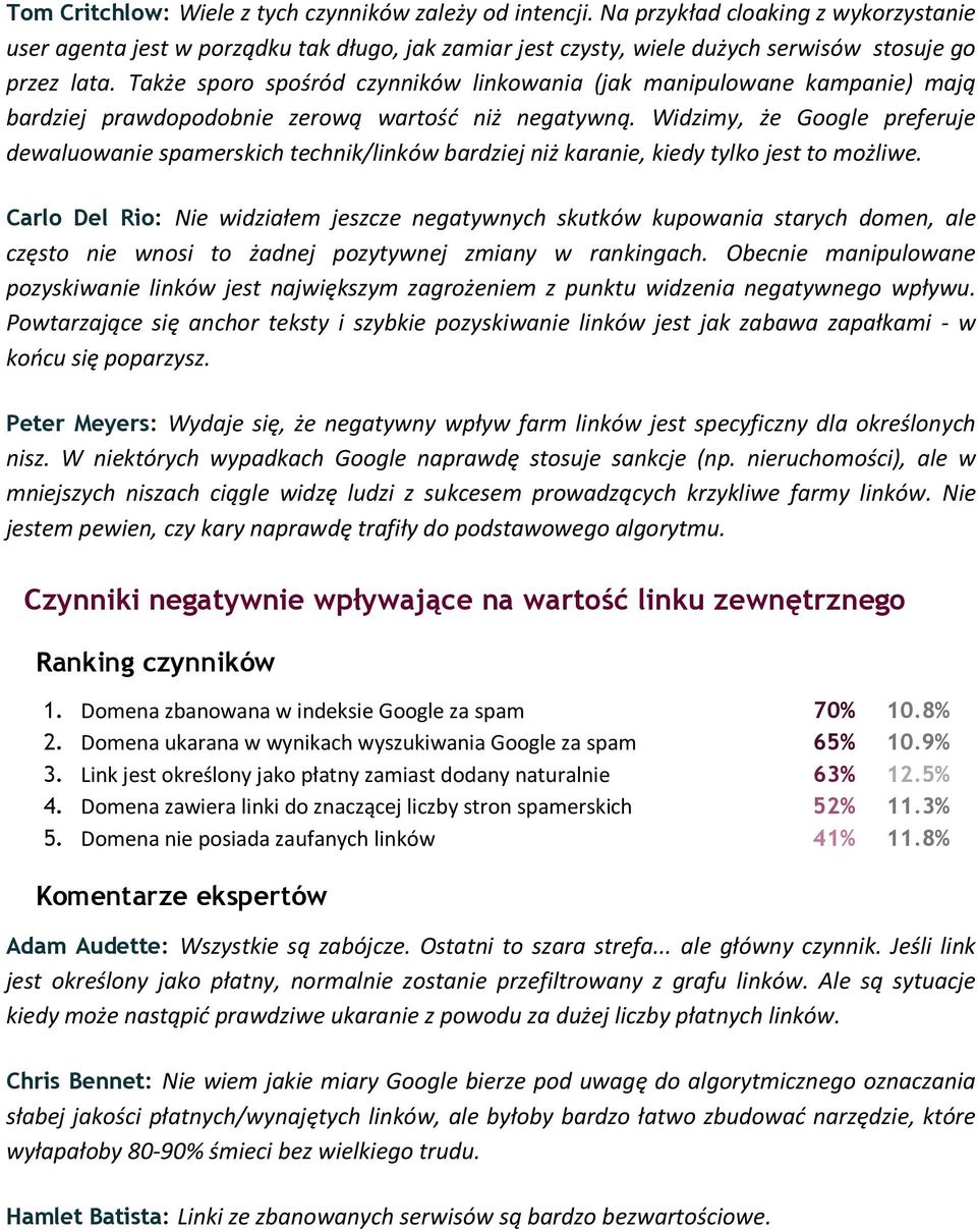 Także sporo spośród czynników linkowania (jak manipulowane kampanie) mają bardziej prawdopodobnie zerową wartość niż negatywną.