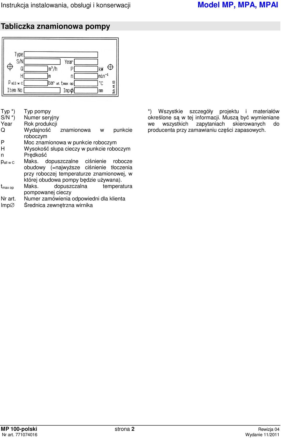 dopuszczalne cinienie robocze obudowy (=najwysze cinienie tłoczenia przy roboczej temperaturze znamionowej, w której obudowa pompy bdzie uywana). t max op Maks.