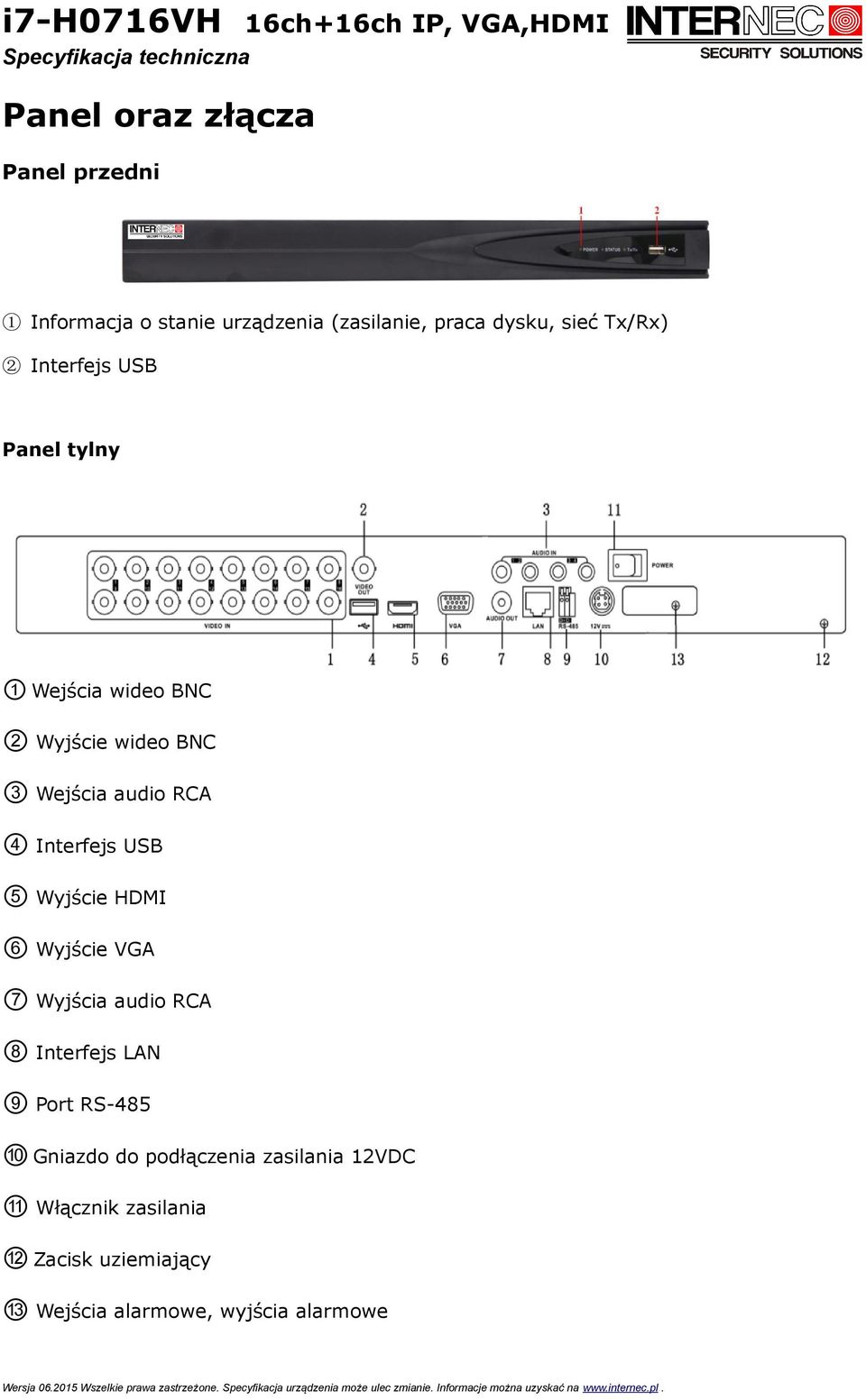 USB 5 Wyjście HDMI 6 Wyjście VGA 7 Wyjścia audio RCA 8 Interfejs LAN 9 Port RS-485 10 Gniazdo do