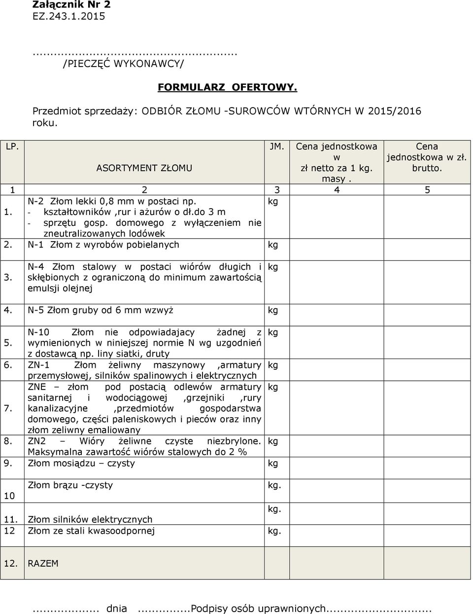 N-1 Złom z wyrobów pobielanych kg 3. N-4 Złom stalowy w postaci wiórów długich i skłębionych z ograniczoną do minimum zawartością emulsji olejnej kg 4.