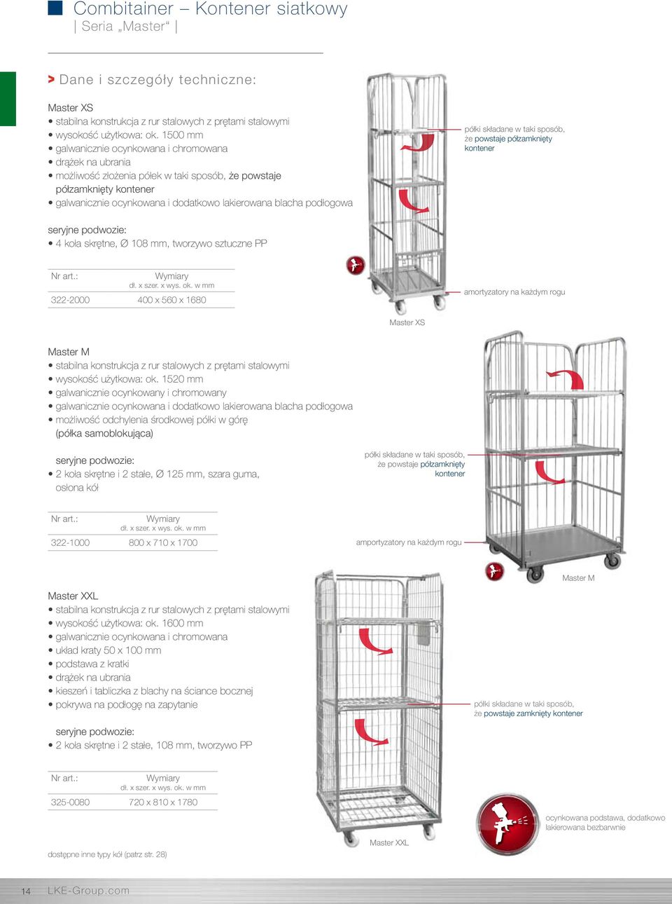 podłogowa półki składane w taki sposób, że powstaje półzamknięty kontener 4 koła skrętne, Ø 108 mm, tworzywo sztuczne PP 322-2000 400 x 560 x 1680 amortyzatory na każdym rogu Master XS Master M