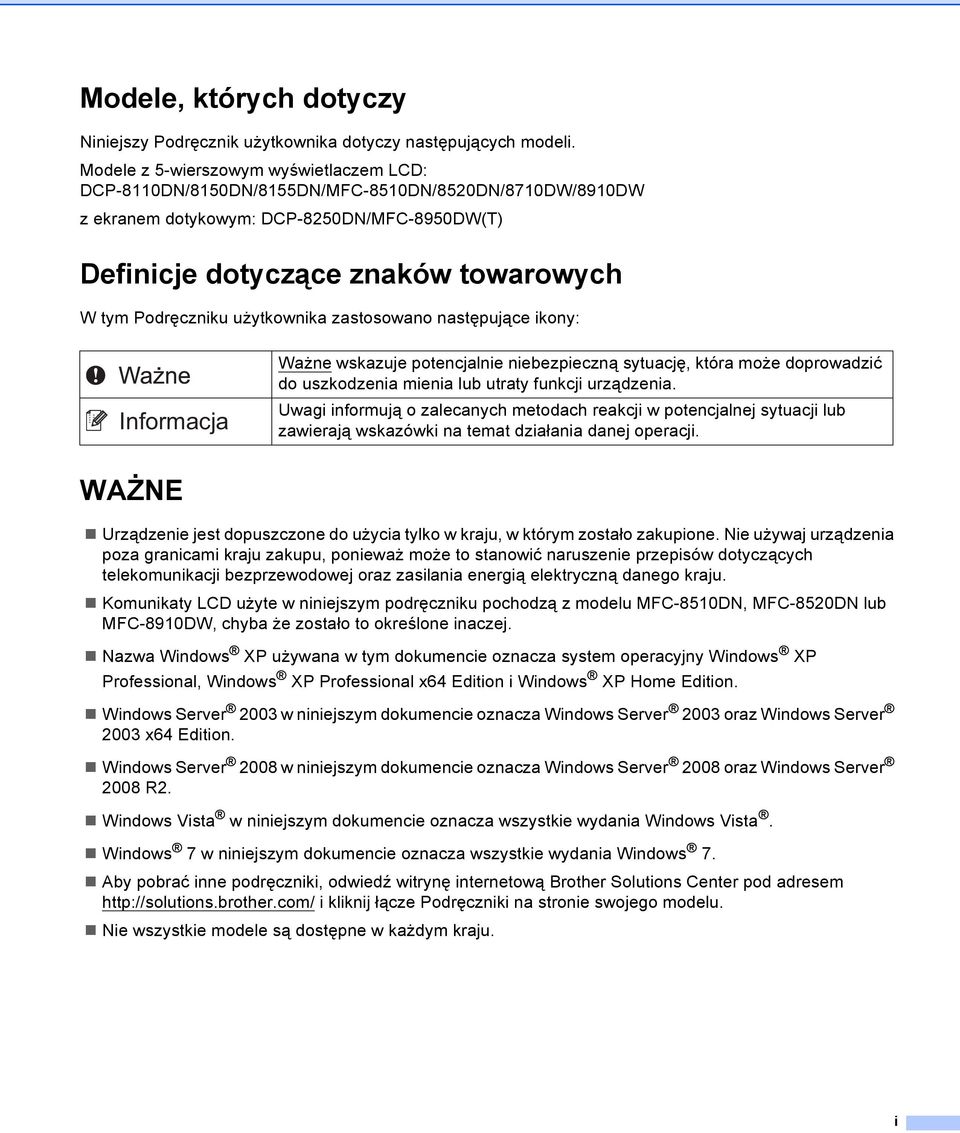 użytkownika zastosowano następujące ikony: Ważne wskazuje potencjalnie niebezpieczną sytuację, która może doprowadzić do uszkodzenia mienia lub utraty funkcji urządzenia.