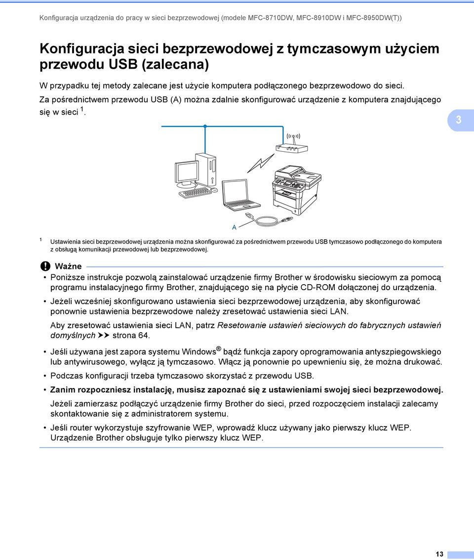 3 A 1 Ustawienia sieci bezprzewodowej urządzenia można skonfigurować za pośrednictwem przewodu USB tymczasowo podłączonego do komputera z obsługą komunikacji przewodowej lub bezprzewodowej.