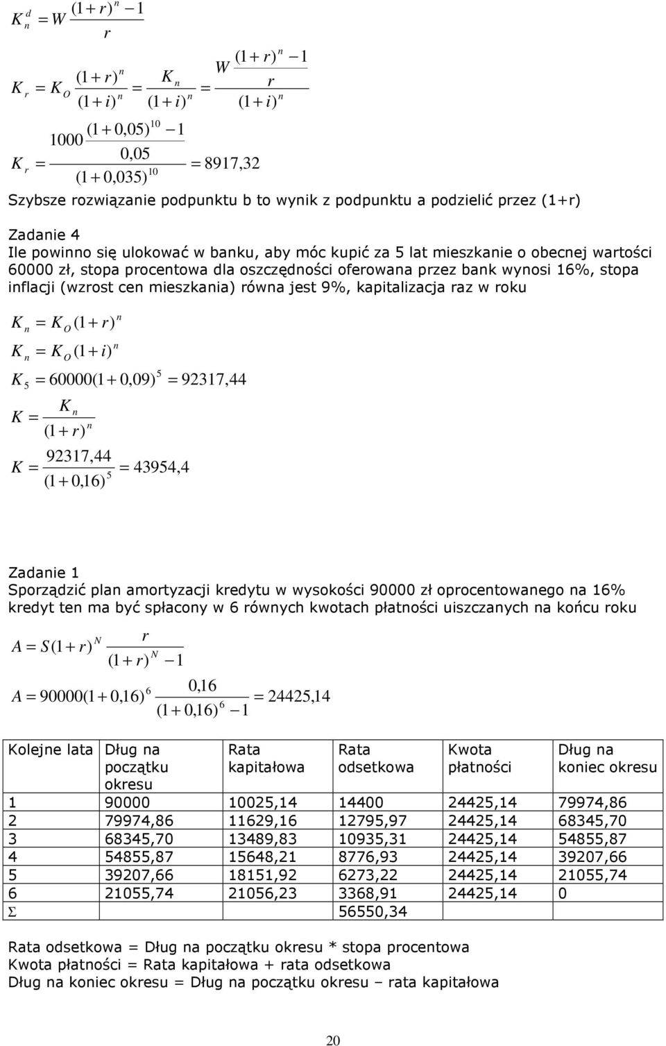 (1 + i 9317, 5 (1 + 0,16 5 395, 9317, Zaaie 1 Spozązić pla aotyzacji keytu w wysokości 90000 zł opocetowaeo a 16% keyt te a być spłacoy w 6 ówych kwotach płatości uiszczaych a końcu oku A S(1 + (1 +