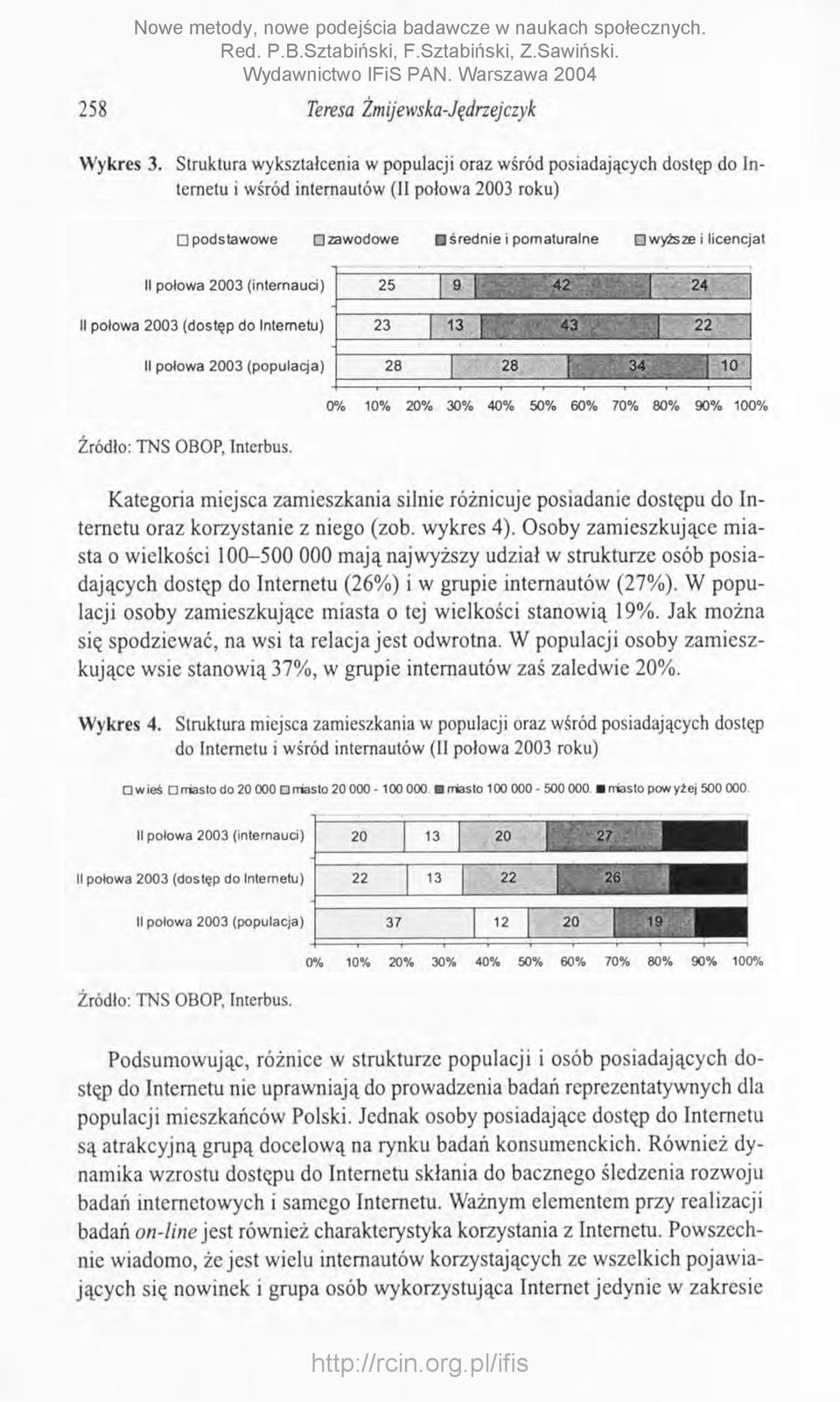 Osoby zam ieszkujące m iasta o wielkości 100-500 000 m ają najwyższy udział w strukturze osób posiadających dostęp do Internetu (26%) i w grupie internautów (27%).