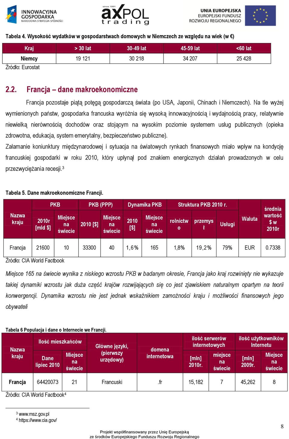 Na tle wyżej wymienionych państw, gospodarka francuska wyróżnia się wysoką innowacyjnością i wydajnością pracy, relatywnie niewielką nierównością dochodów oraz stojącym na wysokim poziomie systemem