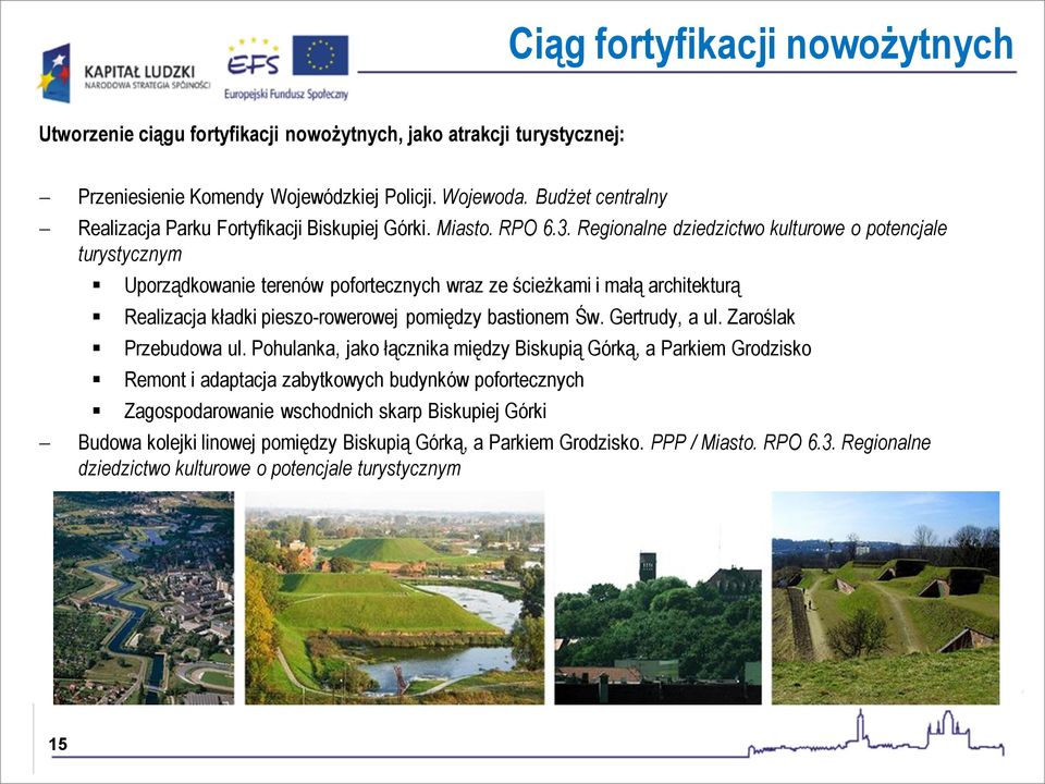 Regionalne dziedzictwo kulturowe o potencjale turystycznym Uporządkowanie terenów pofortecznych wraz ze ścieżkami i małą architekturą Realizacja kładki pieszo-rowerowej pomiędzy bastionem Św.