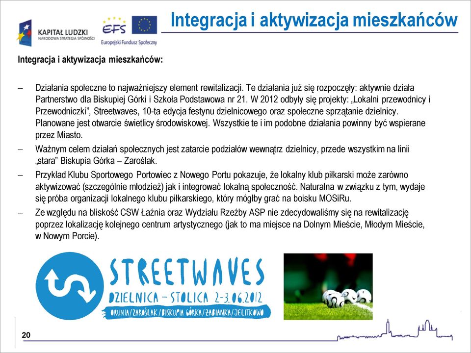W 2012 odbyły się projekty: Lokalni przewodnicy i Przewodniczki, Streetwaves, 10-ta edycja festynu dzielnicowego oraz społeczne sprzątanie dzielnicy. Planowane jest otwarcie świetlicy środowiskowej.