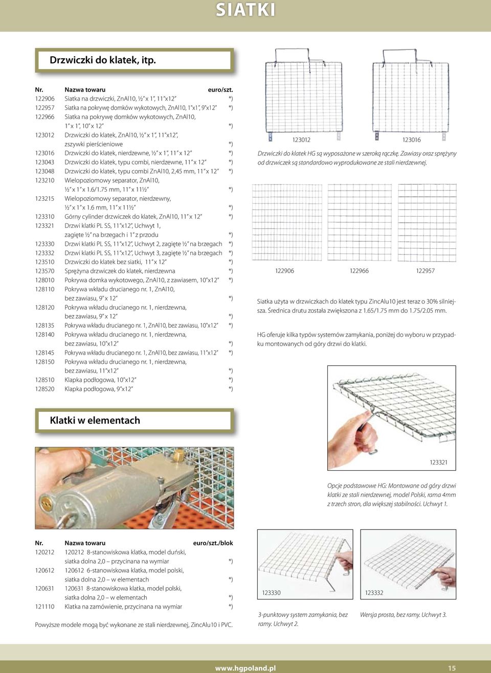 Drzwiczki do klatek, ZnAl10, ½ x 1, 11 x12, zszywki pierścieniowe *) 123016 Drzwiczki do klatek, nierdzewne, ½ x 1, 11 x 12 *) 123043 Drzwiczki do klatek, typu combi, nierdzewne, 11 x 12 *) 123048