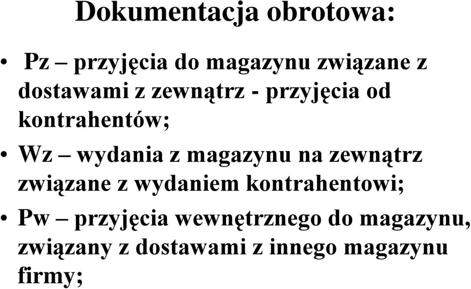 magazynu na zewnątrz związane z wydaniem kontrahentowi; Pw