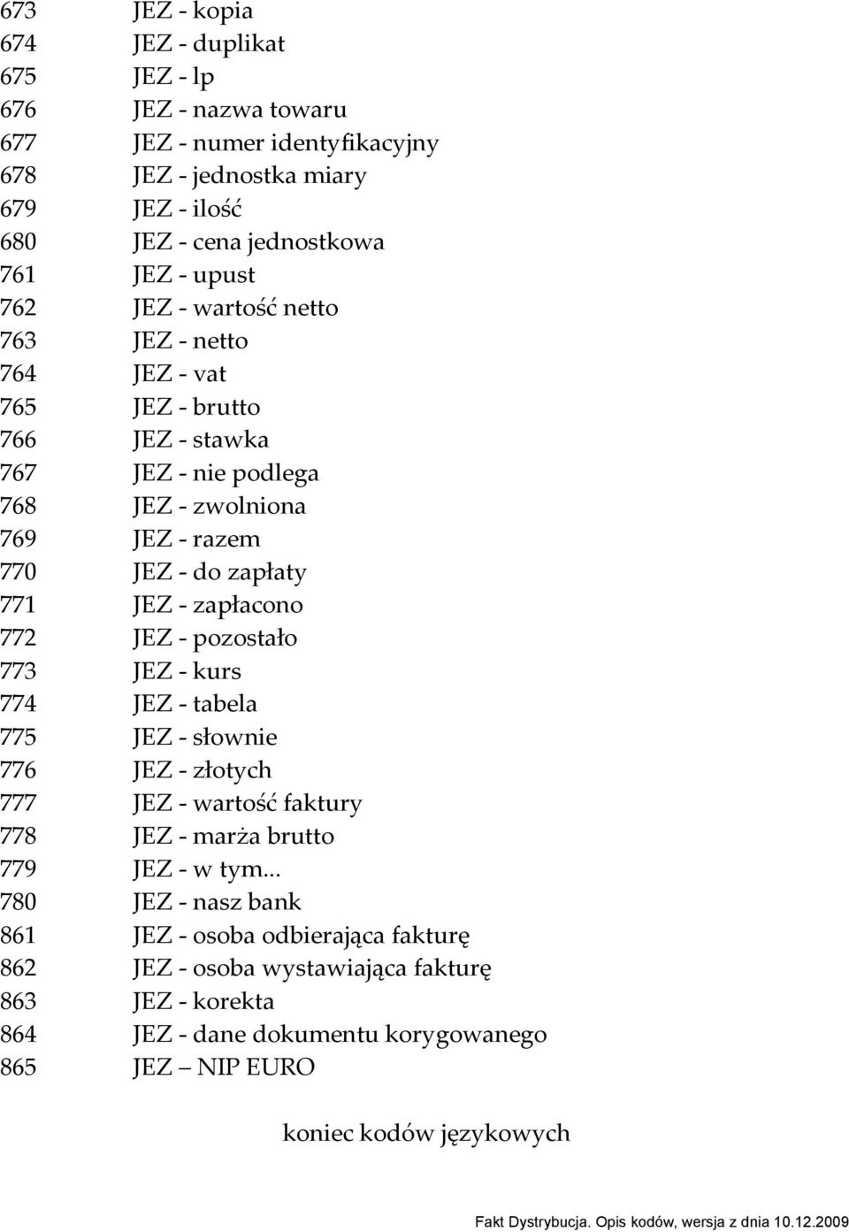 JEZ - zapłacono 772 JEZ - pozostało 773 JEZ - kurs 774 JEZ - tabela 775 JEZ - słownie 776 JEZ - złotych 777 JEZ - wartość faktury 778 JEZ - marża brutto 779 JEZ - w tym.