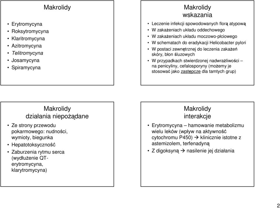 cefalosporyny (moŝemy je stosować jako zastępcze dla tamtych grup) działania niepoŝądane Ze strony przewodu pokarmowego: nudności, wymioty, biegunka Hepatotoksyczność Zaburzenia rytmu serca
