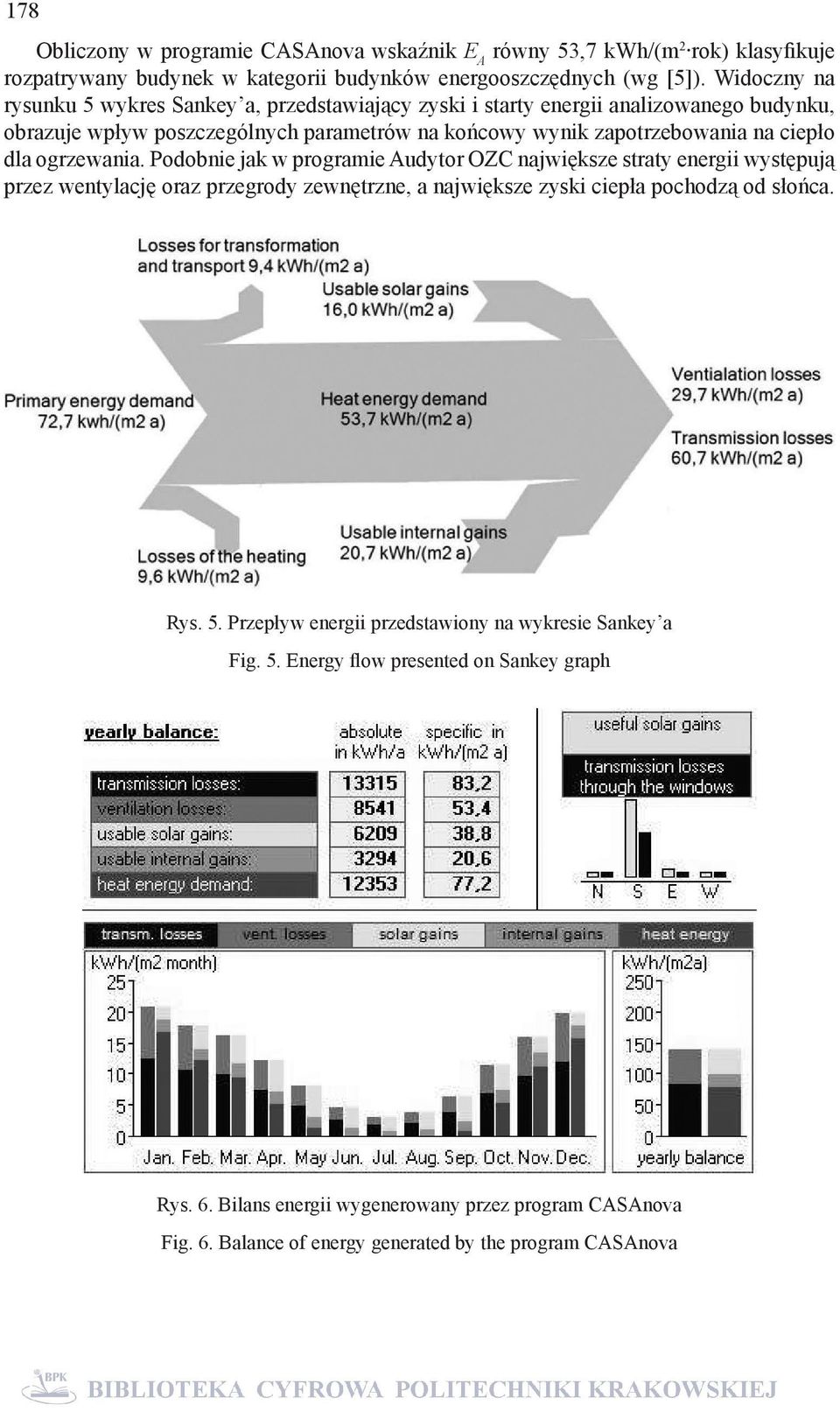 dla ogrzewania. Podobnie jak w programie Audytor OZC największe straty energii występują przez wentylację oraz przegrody zewnętrzne, a największe zyski ciepła pochodzą od słońca. Rys. 5.