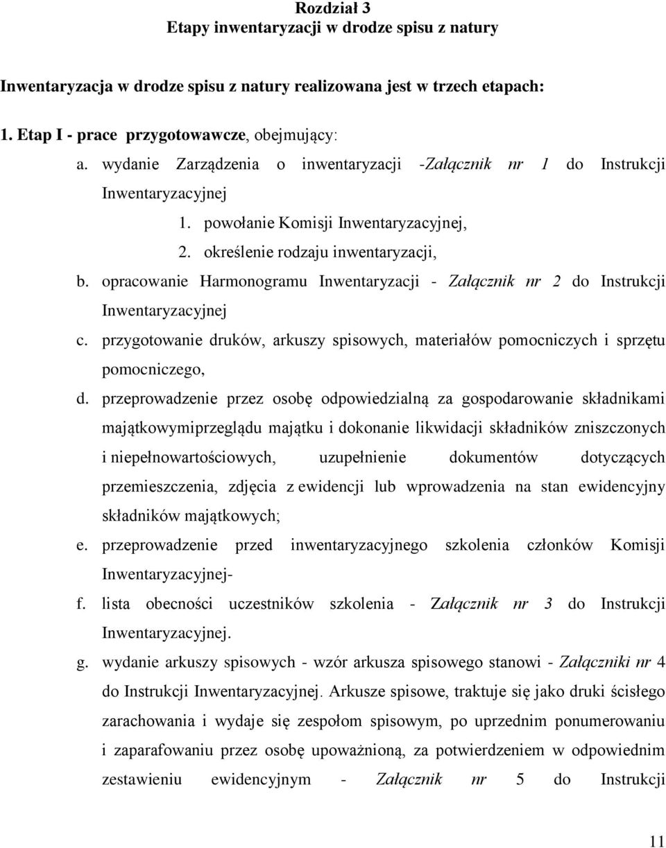 opracowanie Harmonogramu Inwentaryzacji - Załącznik nr 2 do Instrukcji Inwentaryzacyjnej c. przygotowanie druków, arkuszy spisowych, materiałów pomocniczych i sprzętu pomocniczego, d.