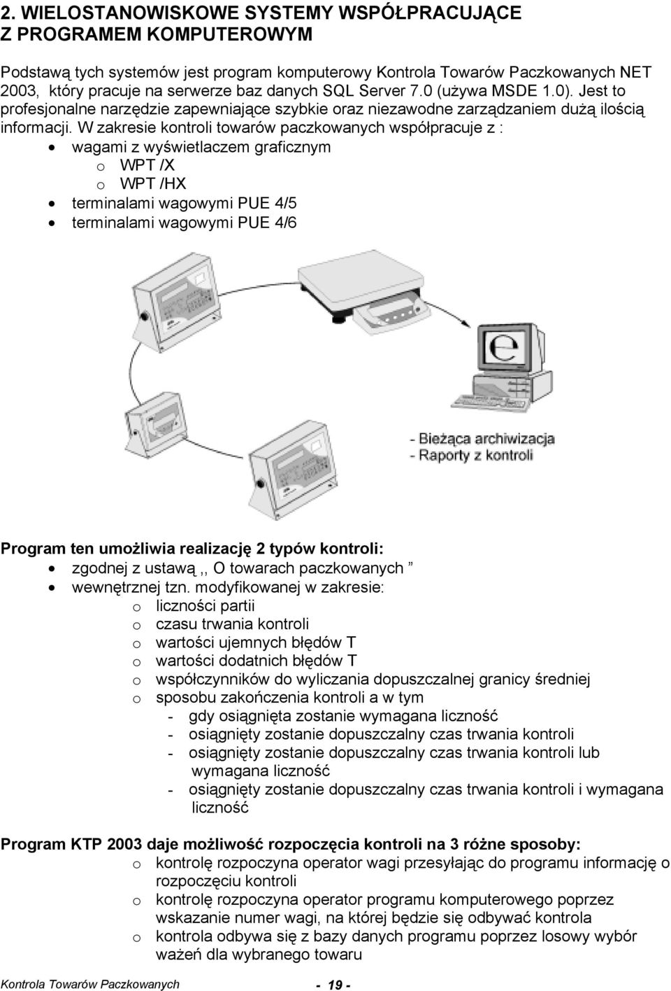 W zakresie kontroli towarów paczkowanych współpracuje z : wagami z wyświetlaczem graficznym o WPT /X o WPT /HX terminalami wagowymi PUE 4/5 terminalami wagowymi PUE 4/6 Program ten umożliwia