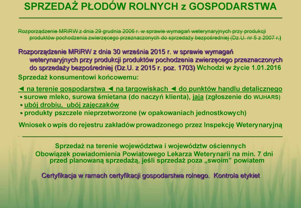 w sprawie wymagań weterynaryjnych przy produkcji produktów pochodzenia zwierzęcego przeznaczonych do sprzedaży bezpośredniej (Dz.U. z 2015