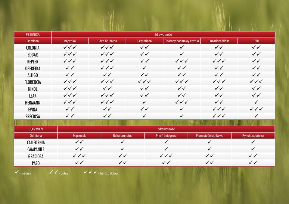 HERMANN ü ü ü ü ü ü EVINA ü ü ü ü ü ü PRECIOSA ü ü ü ü ü ü JĘCZMIEŃ Zdrowotność Odmiana Mączniak Rdza brunatna Pleśń śniegowa