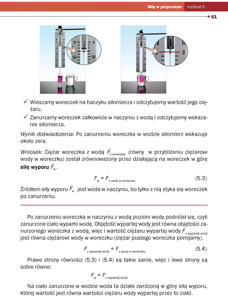Wniosek: Ciężar woreczka z wodą woreczka (równy w przybliżeniu ciężarowi wody w woreczku) został zrównoważony przez działającą na woreczek w górę siłę wyporu. = wody w woreczku (5.