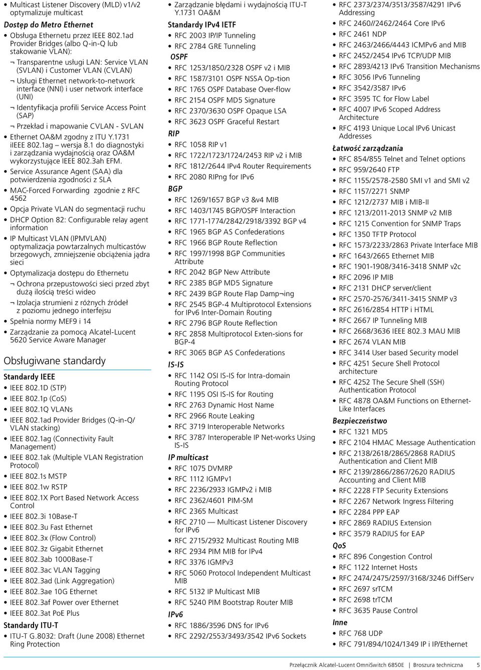 interface (UNI) Identyfikacja profili Service Access Point (SAP) Przekład i mapowanie CVLAN - SVLAN Ethernet OA&M zgodny z ITU Y.1731 iieee 802.1ag wersja 8.