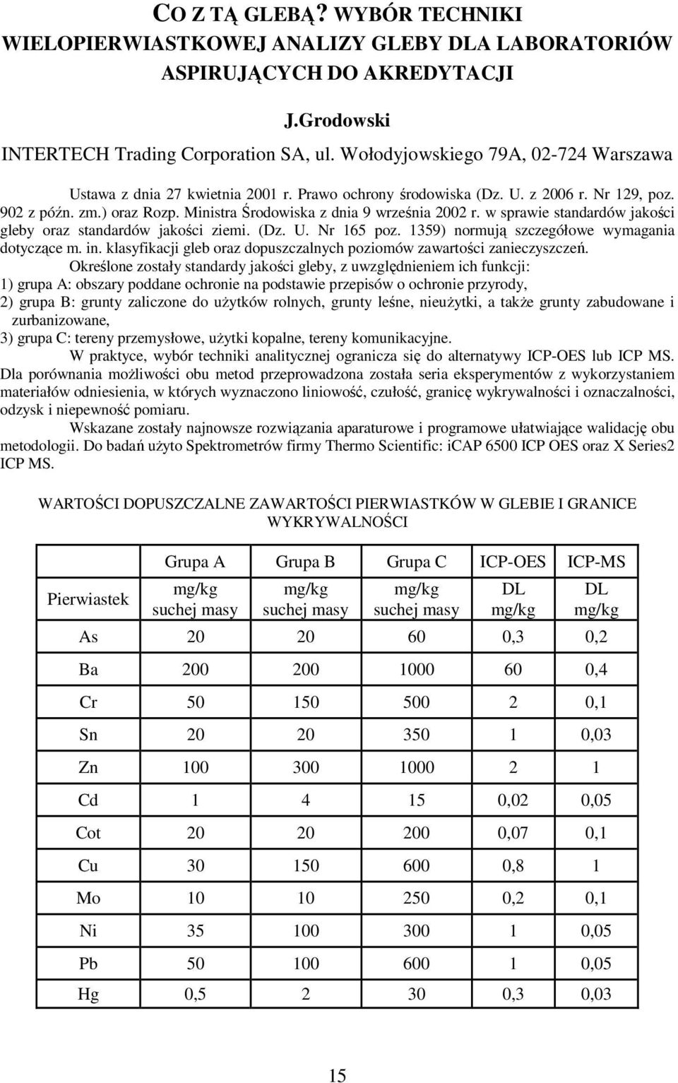 w sprawie standardów jakości gleby oraz standardów jakości ziemi. (Dz. U. Nr 165 poz. 1359) normują szczegółowe wymagania dotyczące m. in.