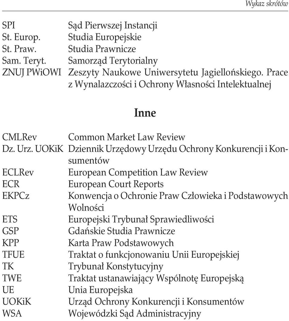 .Dziennik Urzędowy Urzędu Ochrony Konkurencji i Konsumentów ECLRev European Competition Law Review ECR European Court Reports EKPCz.