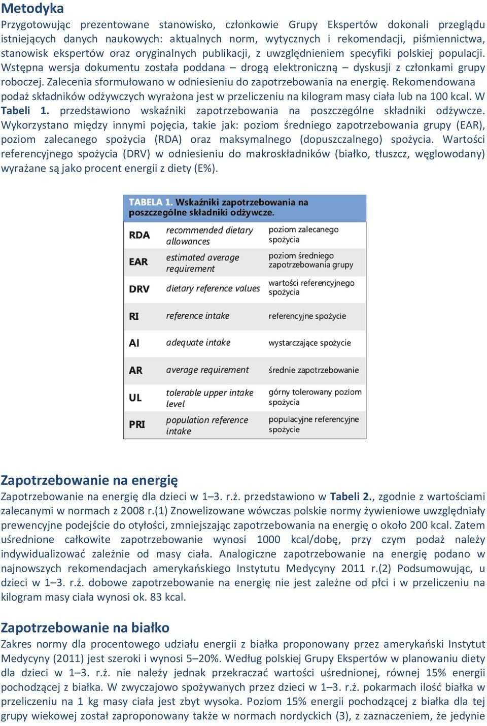 Zalecenia sformułowano w odniesieniu do zapotrzebowania na energię. Rekomendowana podaż składników odżywczych wyrażona jest w przeliczeniu na kilogram masy ciała lub na 100 kcal. W Tabeli 1.