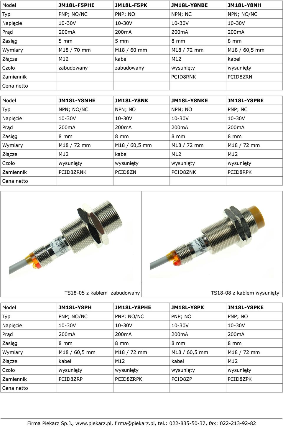 M18 / 72 mm M18 / 72 mm Złącze M12 kabel M12 M12 PCID8ZRNK PCID8ZN PCID8ZNK PCID8RPK TS18-05 z kablem zabudowany TS18-08 z kablem wysunięty Model JM18L-Y8PH JM18L-Y8PHE JM18L-Y8PK