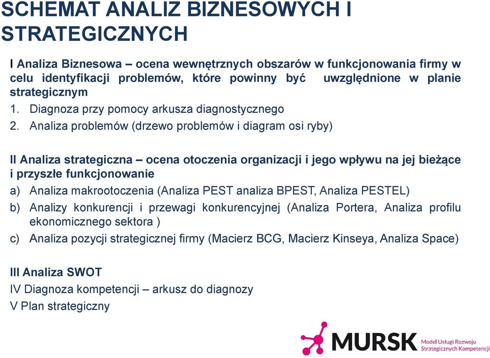 Analiza problemów (drzewo problemów i diagram osi ryby) II Analiza strategiczna ocena otoczenia organizacji i jego wpływu na jej bieżące i przyszłe funkcjonowanie a) Analiza makrootoczenia