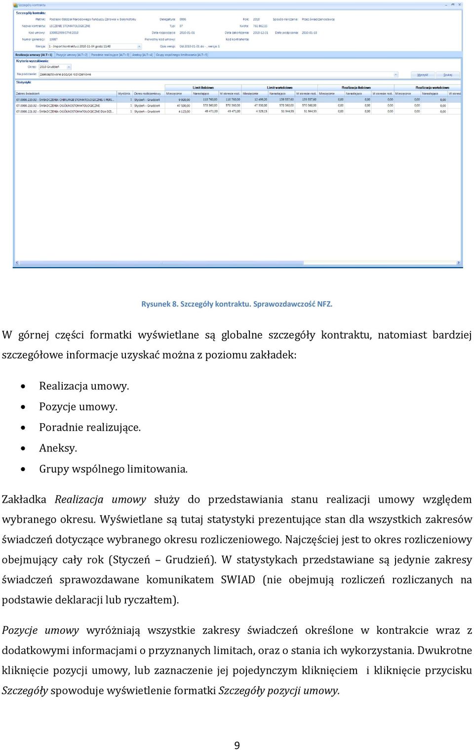 Aneksy. Grupy wspólnego limitowania. Zakładka Realizacja umowy służy do przedstawiania stanu realizacji umowy względem wybranego okresu.