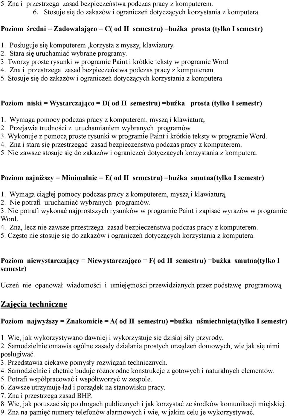 Tworzy proste rysunki w programie Paint i krótkie teksty w programie Word. 4. Zna i przestrzega zasad bezpieczeństwa podczas pracy z komputerem. 5.