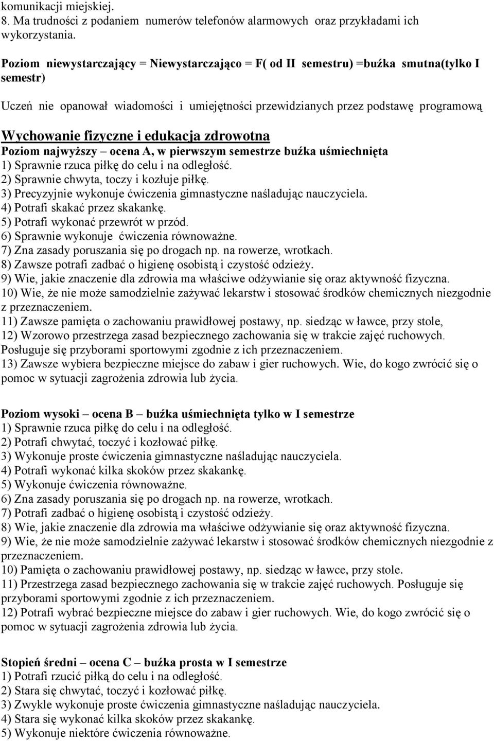 edukacja zdrowotna Poziom najwyższy ocena A, w pierwszym semestrze buźka uśmiechnięta 1) Sprawnie rzuca piłkę do celu i na odległość. 2) Sprawnie chwyta, toczy i kozłuje piłkę.