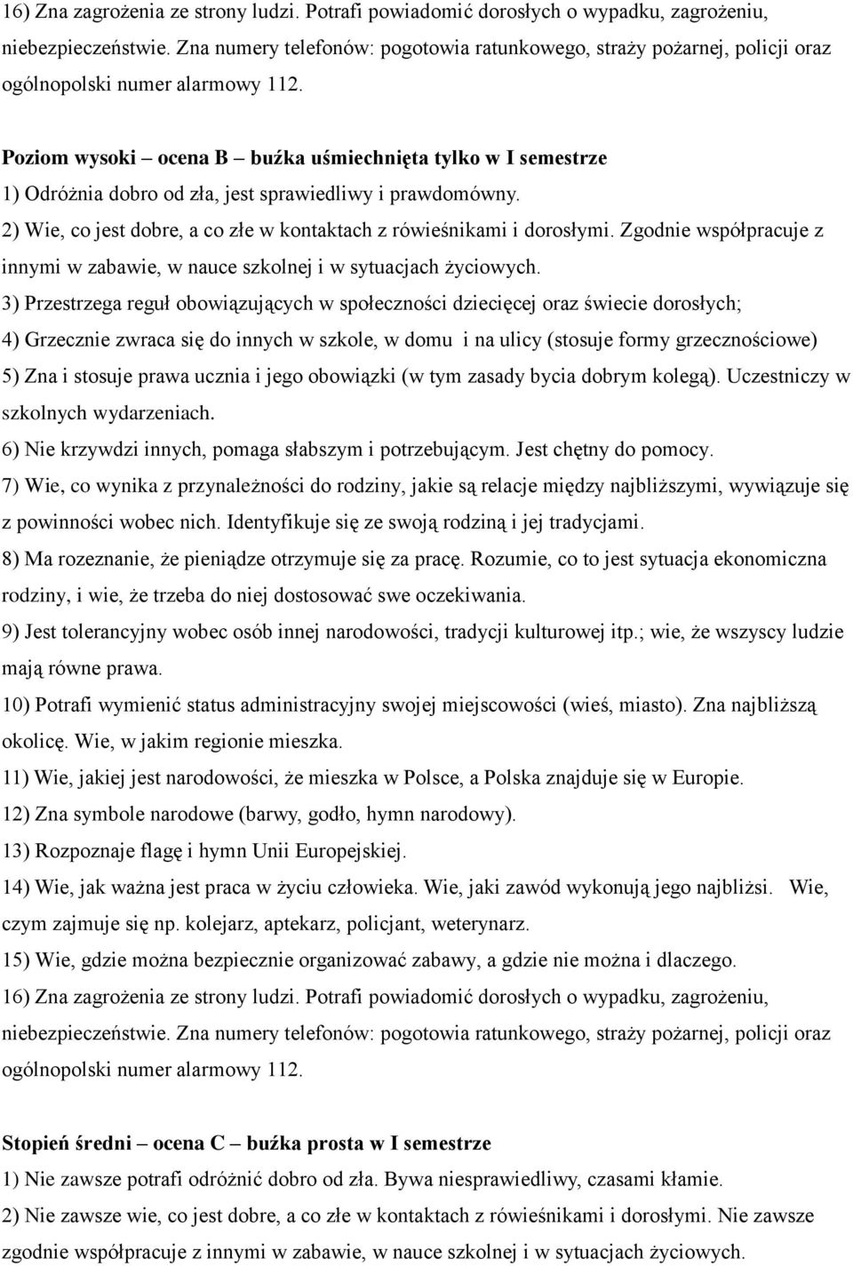 Poziom wysoki ocena B buźka uśmiechnięta tylko w I semestrze 1) Odróżnia dobro od zła, jest sprawiedliwy i prawdomówny. 2) Wie, co jest dobre, a co złe w kontaktach z rówieśnikami i dorosłymi.