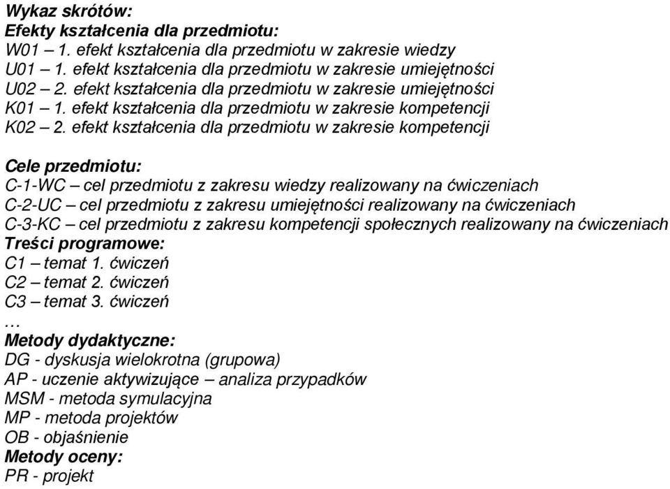 efekt kształcenia dla przedmiotu w zakresie kompetencji Cele przedmiotu: C-1-WC cel przedmiotu z zakresu wiedzy realizowany na ćwiczeniach C-2-UC cel przedmiotu z zakresu umiejętności realizowany na