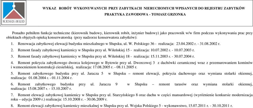 Wileńskiej 15 - realizacja: 10.07.2002 r. - 10.07.2003 r. 3. Remont fasady zabytkowej kamienicy w Słupsku przy ul. Wileńskiej 18 - realizacja: 15.11.2003 r. - 30.07.2004 r. 4.