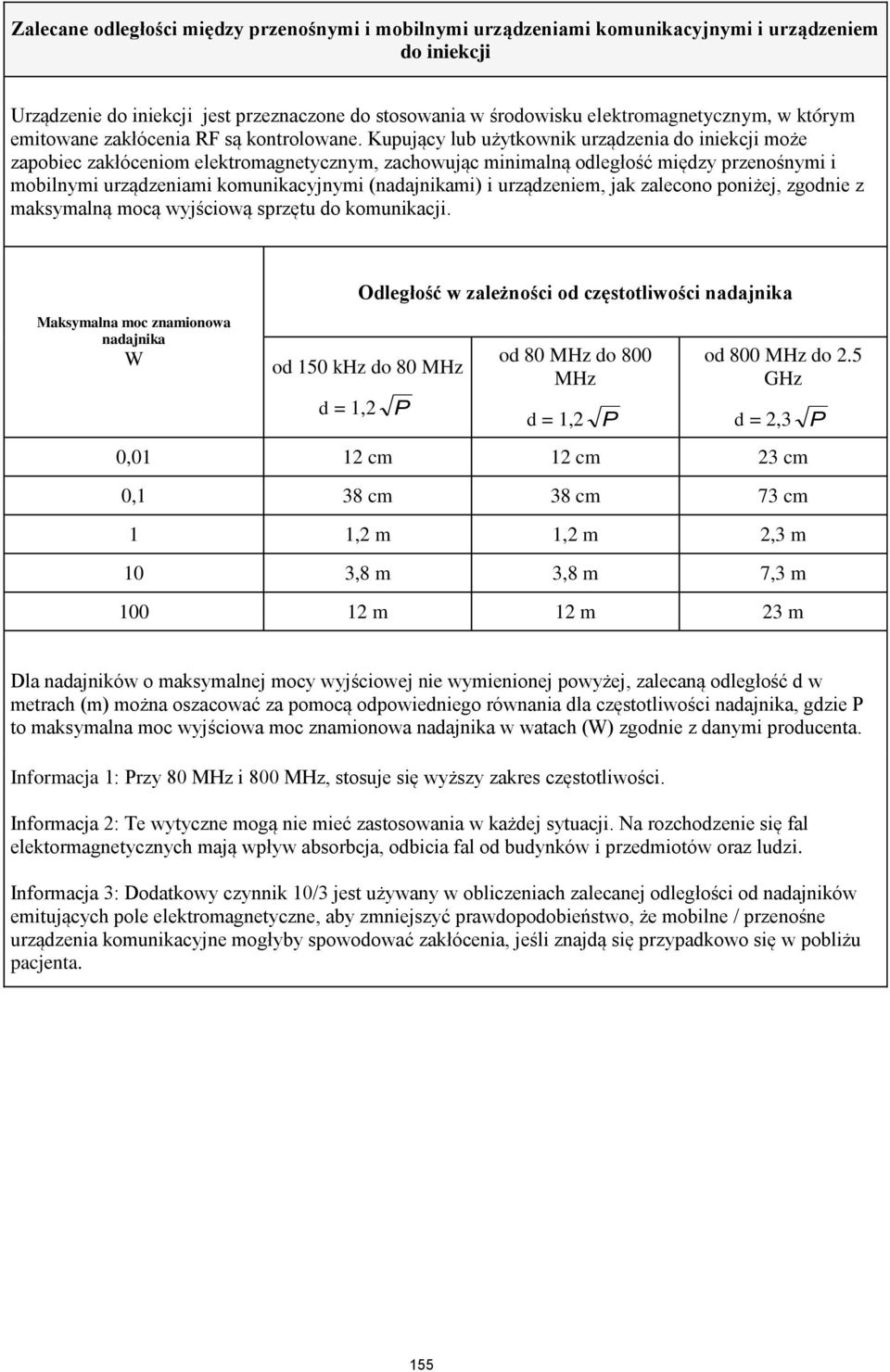 Kupujący lub użytkownik urządzenia do iniekcji może zapobiec zakłóceniom elektromagnetycznym, zachowując minimalną odległość między przenośnymi i mobilnymi urządzeniami komunikacyjnymi (nadajnikami)