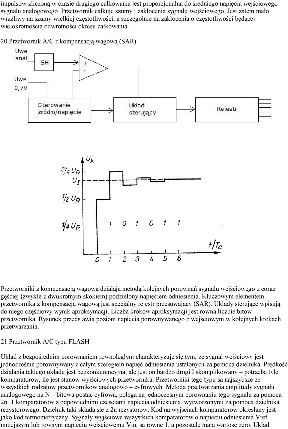 Przetwornik A/C z kompensacją wagową (SAR) Przetworniki z kompensacją wagową działają metodą kolejnych porownań sygnału wejściowego z coraz gęściej (zwykle z dwukrotnym skokiem) podzielony napięciem