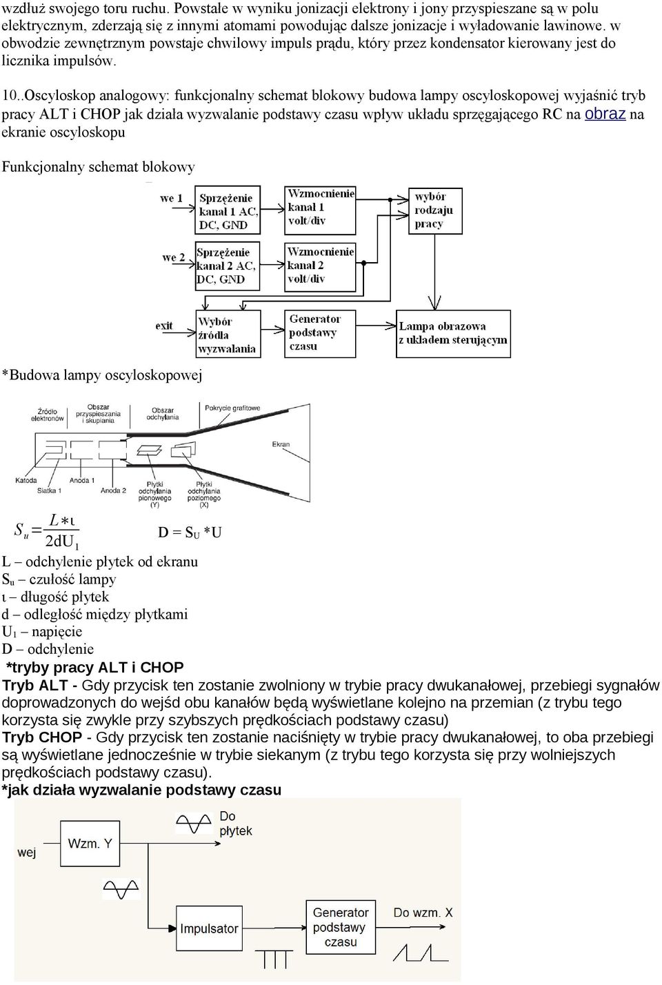 .Oscyloskop analogowy: funkcjonalny schemat blokowy budowa lampy oscyloskopowej wyjaśnić tryb pracy ALT i CHOP jak działa wyzwalanie podstawy czasu wpływ układu sprzęgającego RC na obraz na ekranie
