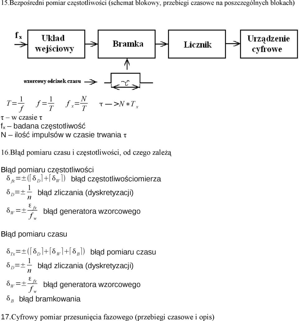 Błąd pomiaru czasu i częstotliwości, od czego zależą Błąd pomiaru częstotliwości fx =± D W błąd częstotliwościomierza D =± 1 n błąd zliczania