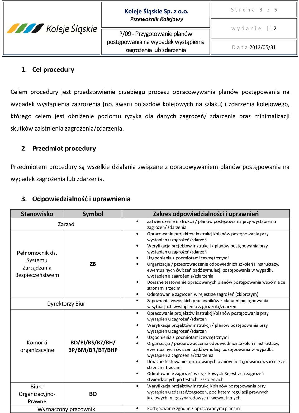 Przedmiot procedury Przedmiotem procedury są wszelkie działania związane z opracowywaniem planów postępowania na wypadek. 3.