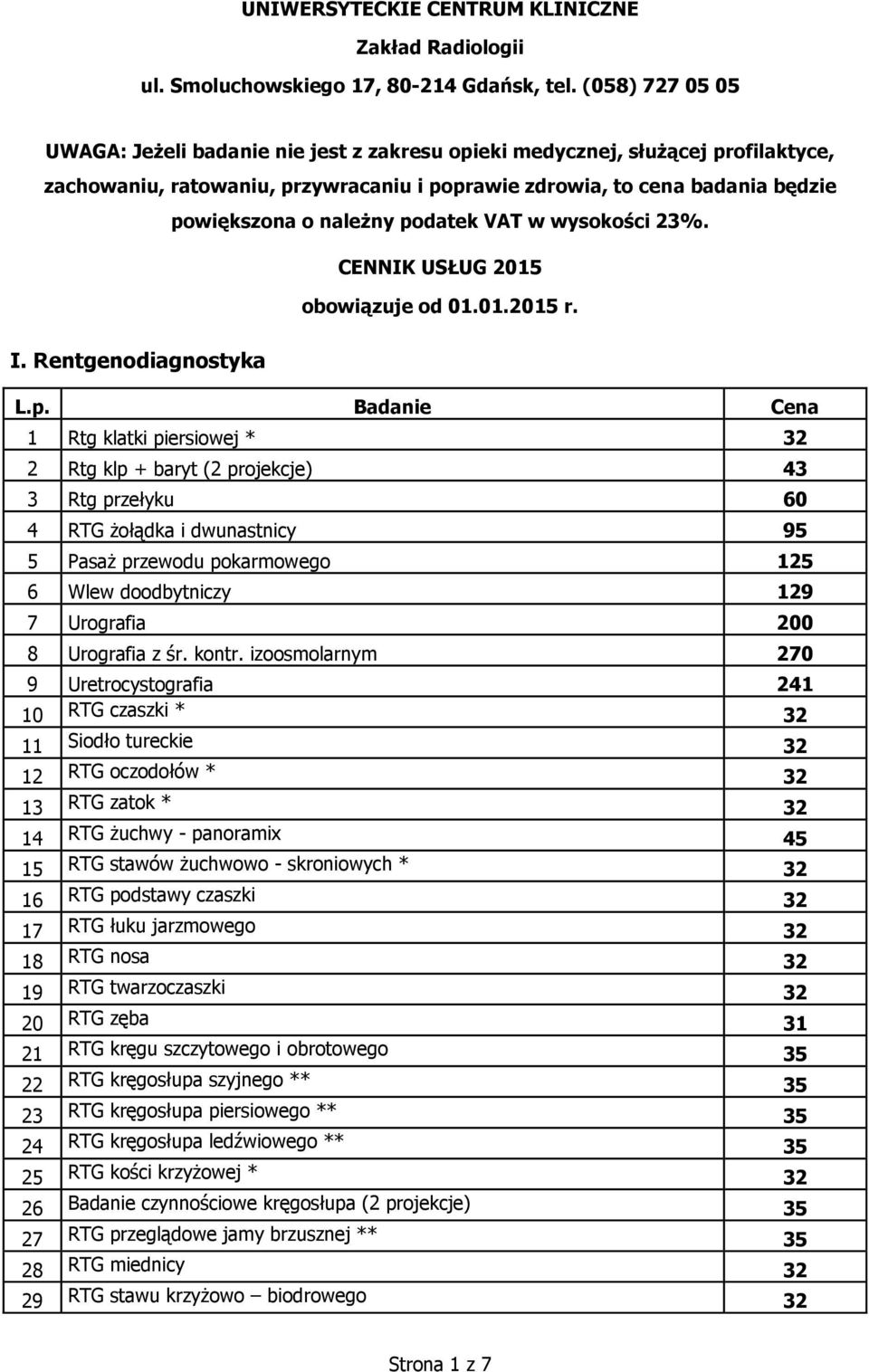 podatek VAT w wysokości 23%. CENNIK USŁUG 2015 obowiązuje od 01.01.2015 r. I.