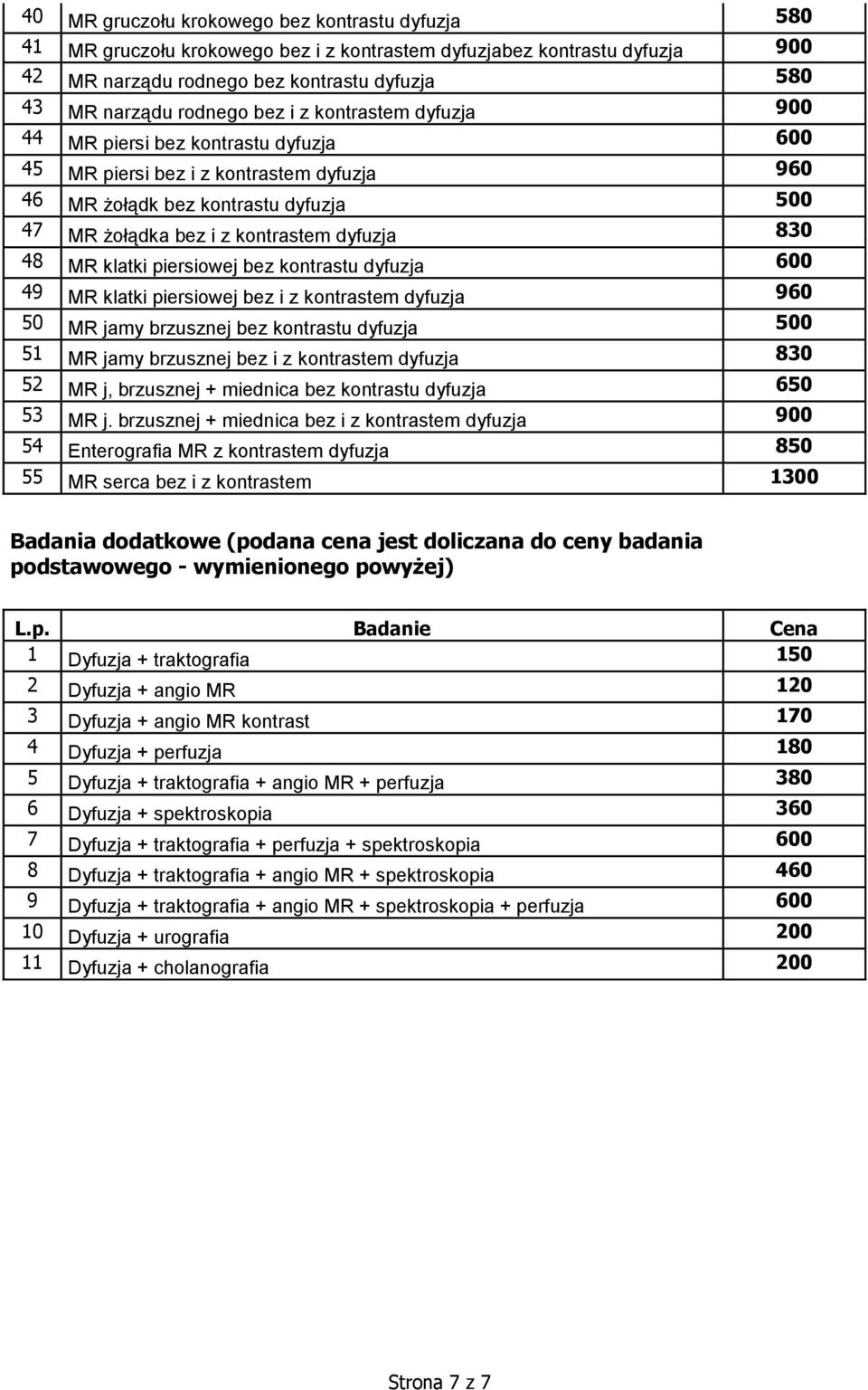 48 MR klatki piersiowej bez kontrastu dyfuzja 600 49 MR klatki piersiowej bez i z kontrastem dyfuzja 960 50 MR jamy brzusznej bez kontrastu dyfuzja 500 51 MR jamy brzusznej bez i z kontrastem dyfuzja