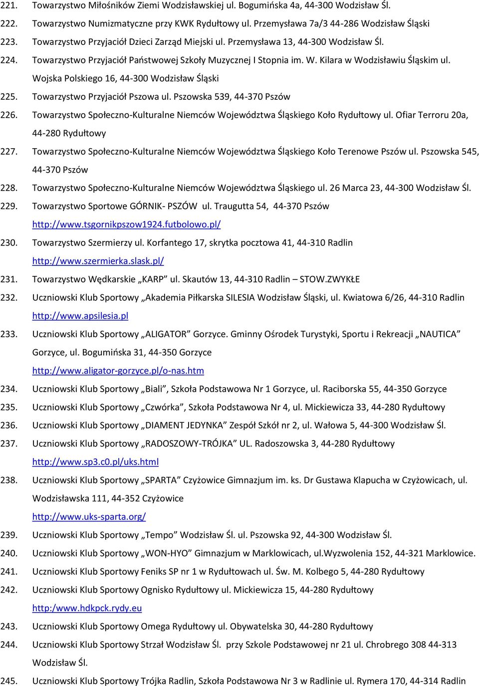 Wojska Polskiego 16, 44-300 Wodzisław Śląski 225. Towarzystwo Przyjaciół Pszowa ul. Pszowska 539, 44-370 Pszów 226. Towarzystwo Społeczno-Kulturalne Niemców Województwa Śląskiego Koło Rydułtowy ul.