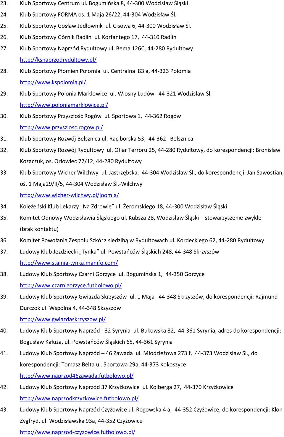 Centralna 83 a, 44-323 Połomia http://www.kspolomia.pl/ 29. Klub Sportowy Polonia Marklowice ul. Wiosny Ludów 44-321 http://www.poloniamarklowice.pl/ 30. Klub Sportowy Przyszłość Rogów ul.