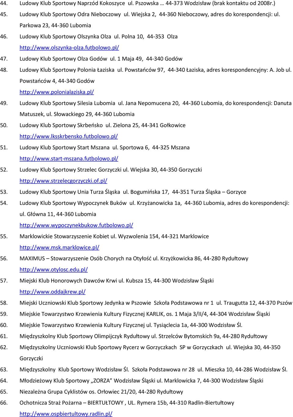 Ludowy Klub Sportowy Olza Godów ul. 1 Maja 49, 44-340 Godów 48. Ludowy Klub Sportowy Polonia Łaziska ul. Powstańców 97, 44-340 Łaziska, adres korespondencyjny: A. Job ul.